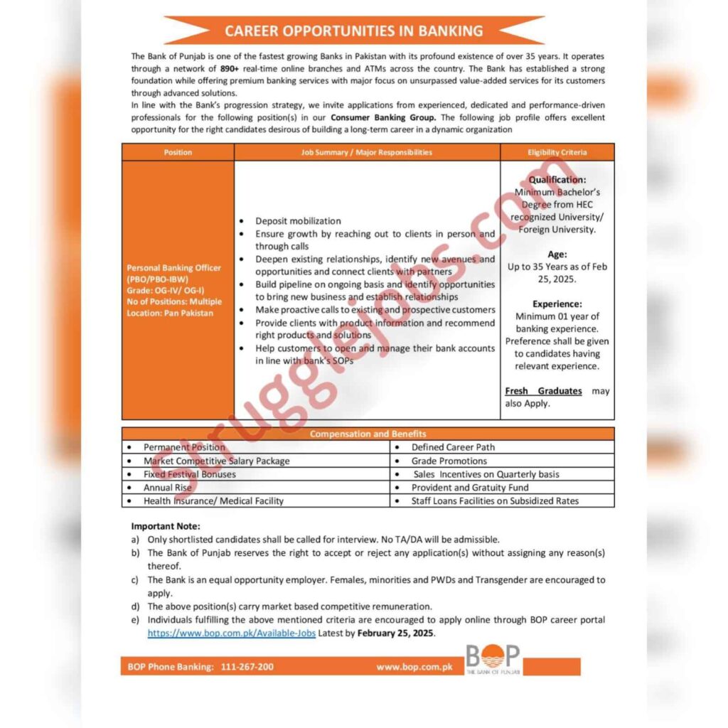 Bank of Punjab jobs 2025,