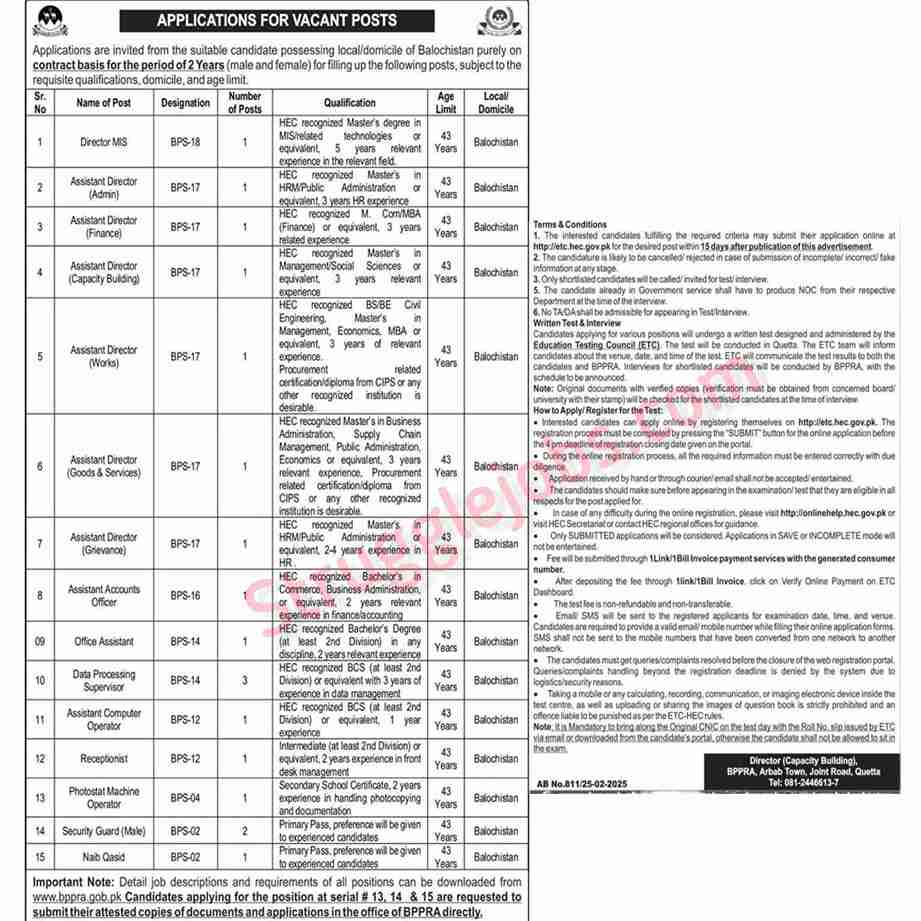 BPPRA jobs in Balochistan Public Procurement Regularity Authority 2025