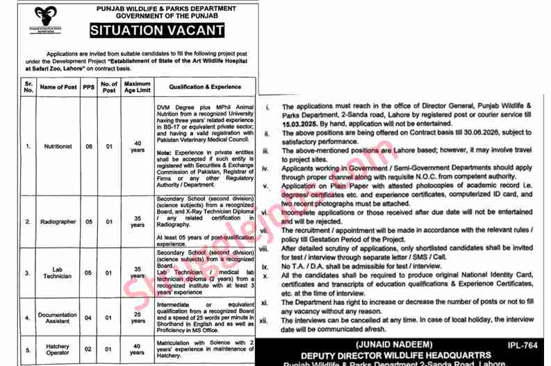 Punjab wildlife & parks department jobs 2025 apply online
