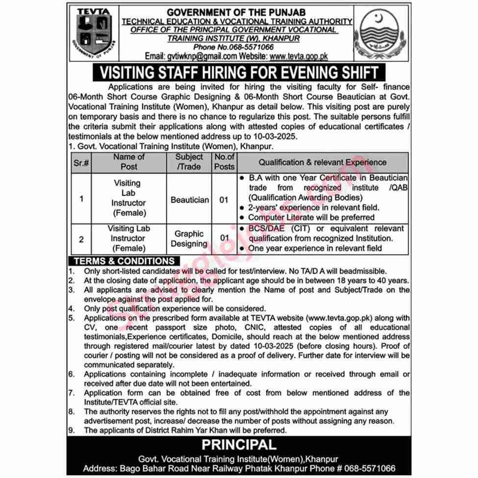 Vocational training institute women khanpur jobs online apply 2025