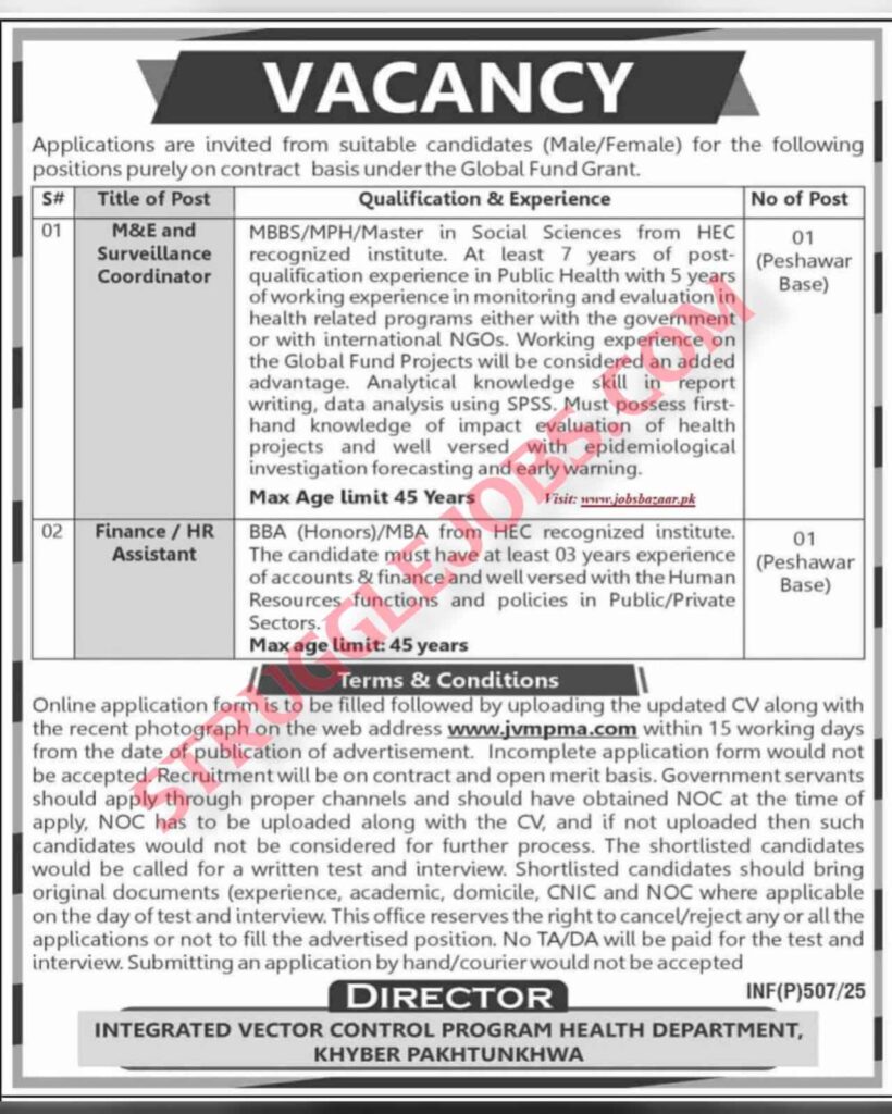 Jobs in the Integrated Vector Control Programme, Health Department Khyber