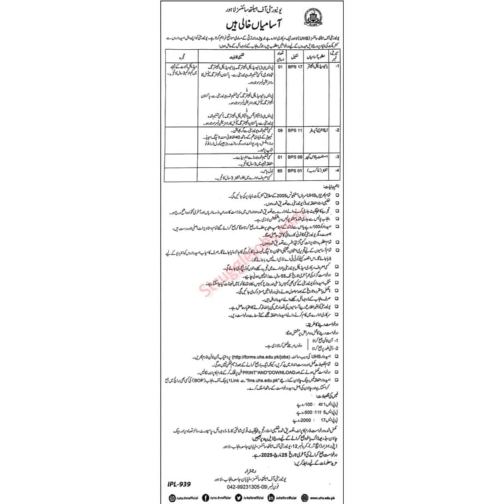 Jobs at University of Health Sciences (UHS) Lahore 2025