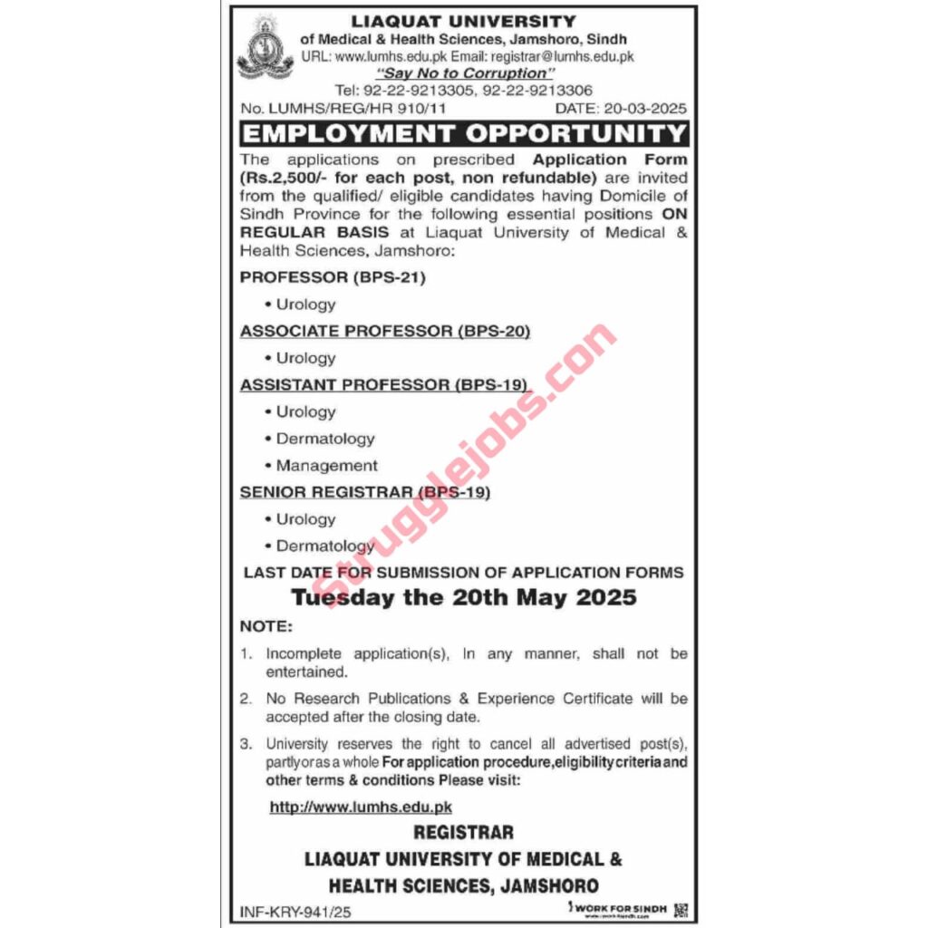 Latest Jobs In Liaquat University of Medical and Health Sciences, 2025