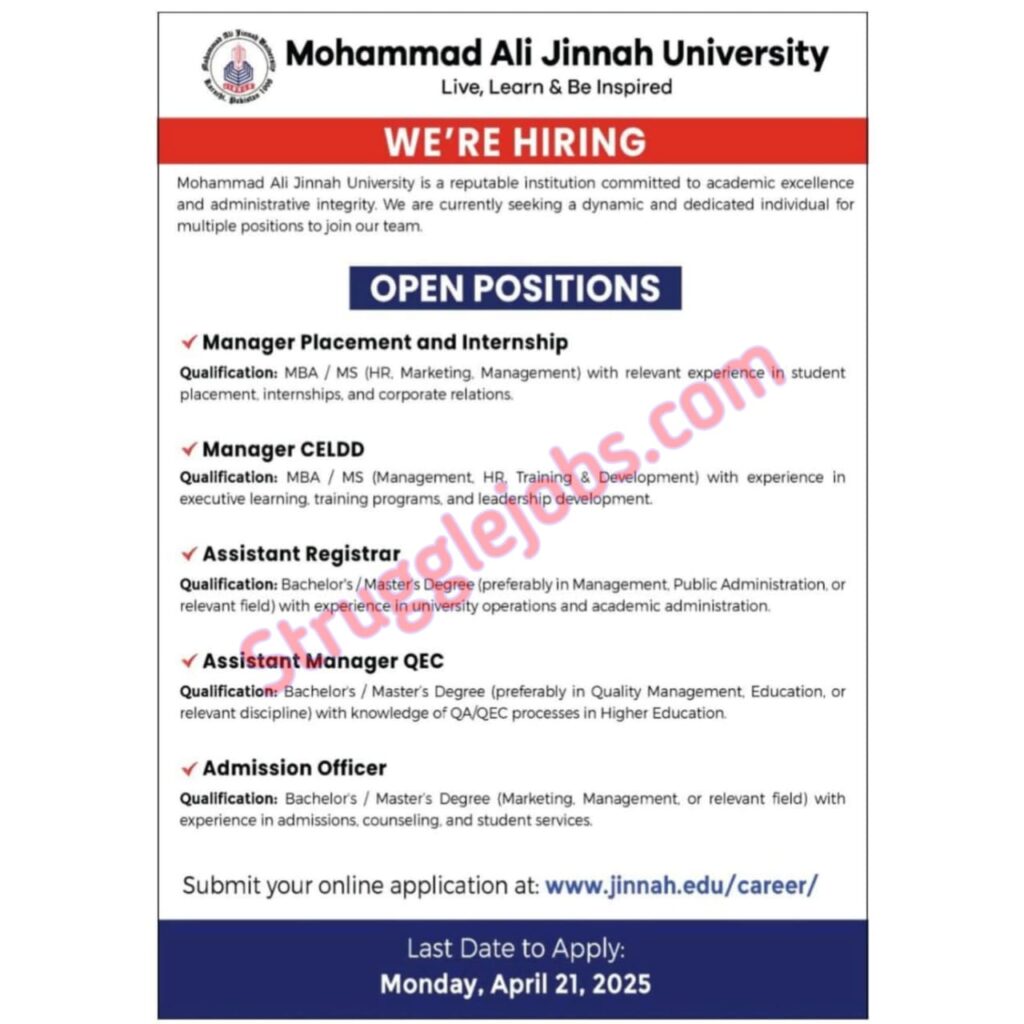 Muhammad Ali Jinnah University Jobs Opportunity 2025