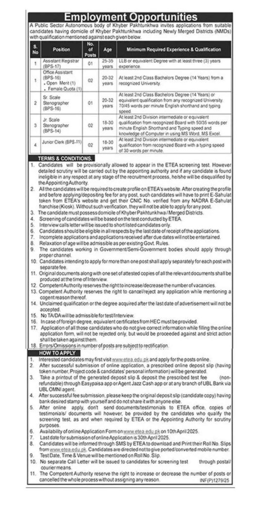 Public Sector Autonomous Body of Khyber Pakhtunkhwa Jobs – April 2025