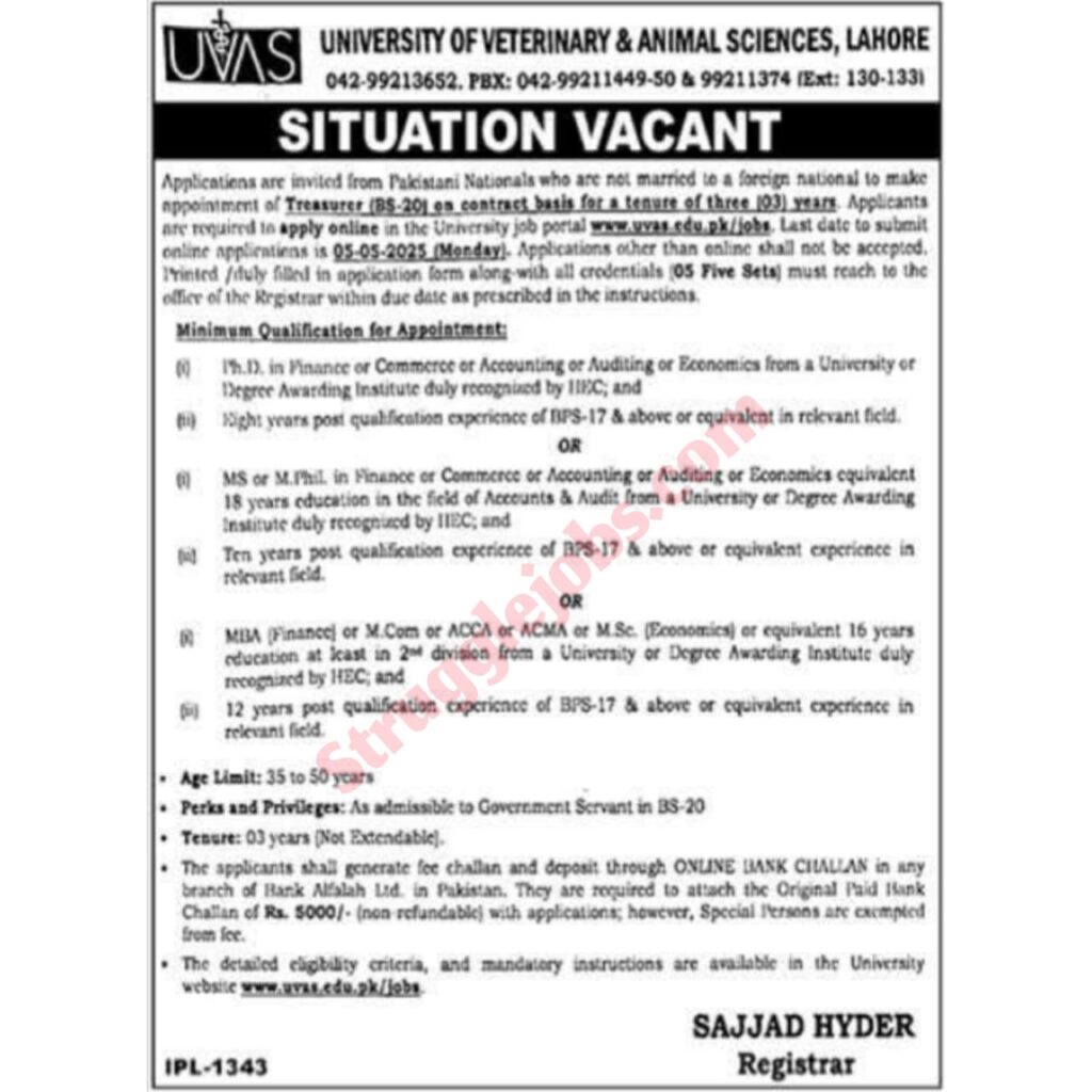 University of Veterinary & Animal Sciences Jobs Lahore 2025