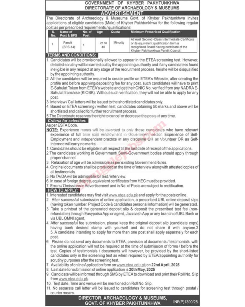 Directorate of Archaeology & Museums KPK Jobs Announces BPS-14 Pandit Vacancy for Minority Candidates