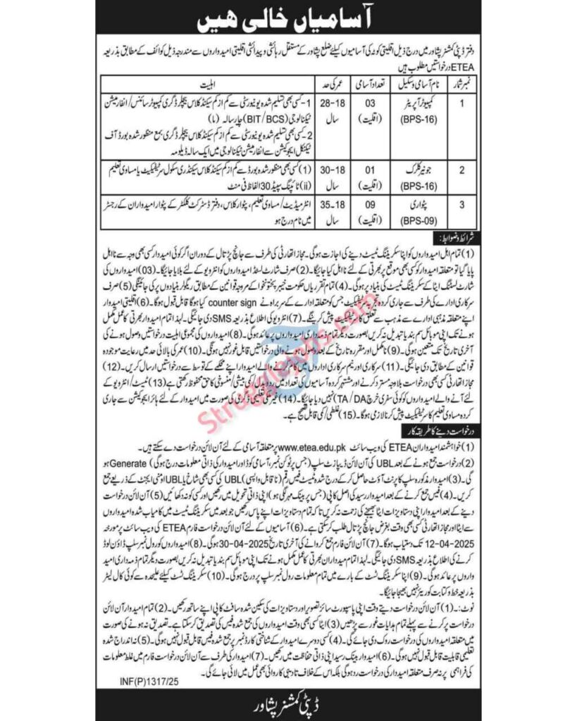 Deputy Commissioner Jobs at Peshawar 2025—Apply Online via ETEA