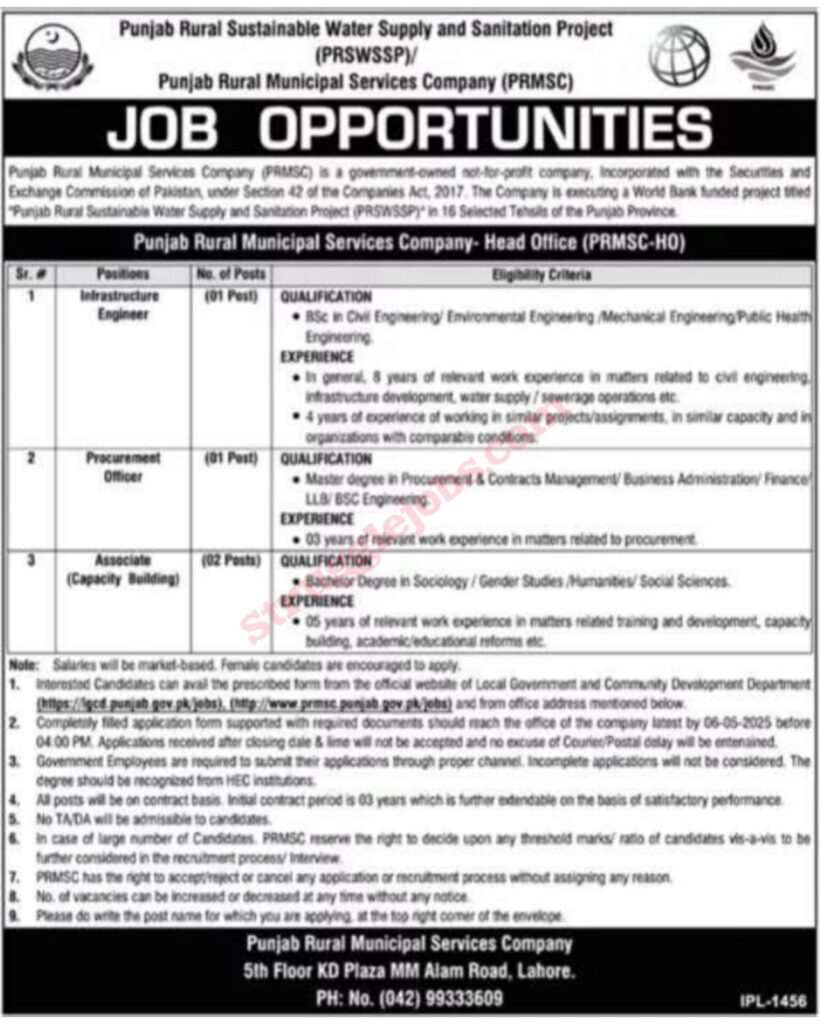 Jobs in Punjab Rural Sustainable Water Supply and Sanitation Project (PRSWSSP)