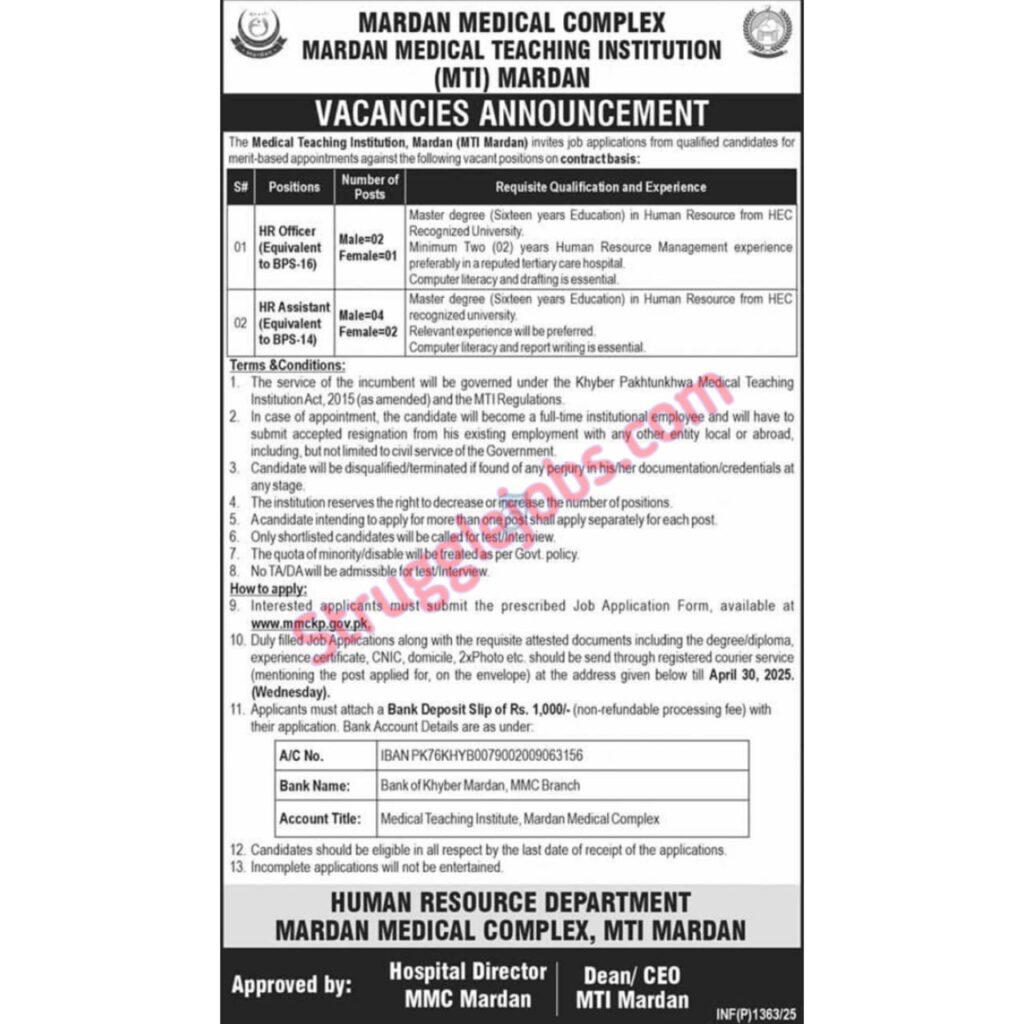 Exciting Jobs Opportunities at Mardan Medical Complex MTI Mardan—HR Staff Jobs 2025
