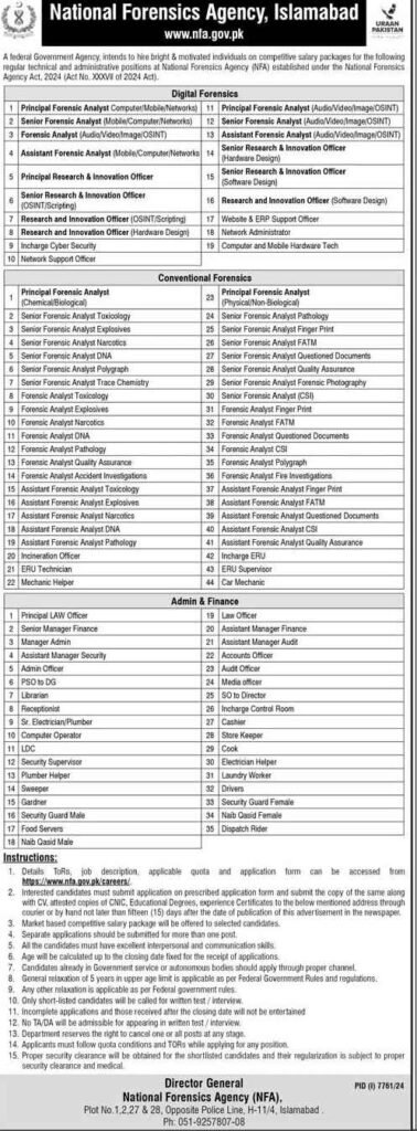 Latest Jobs in National Forensics Agency Islamabad