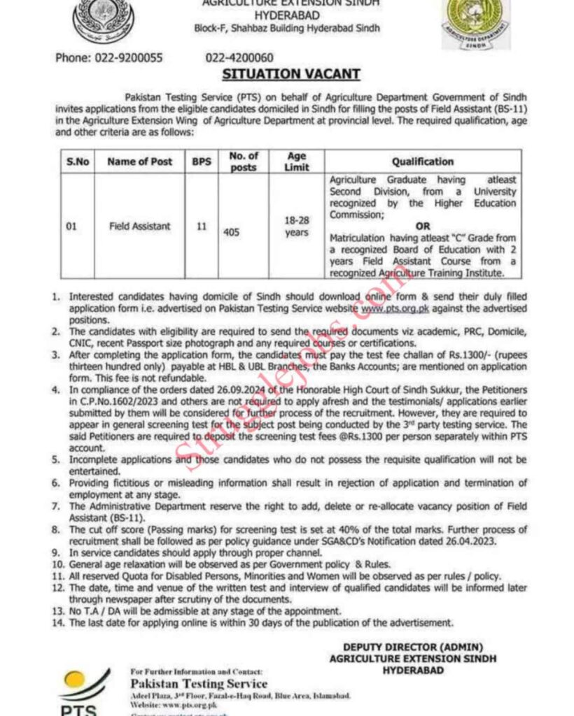 Jobs Opportunities in Agriculture Department Government of Sindh 2025