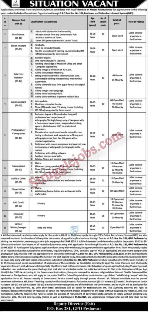 Federal Department Organization Jobs In KPK G.P.O Post Box No. 281
