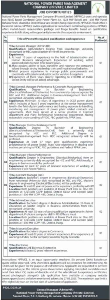 Exciting Jobs Opportunities at National Power Parks Management Company in Pakistan