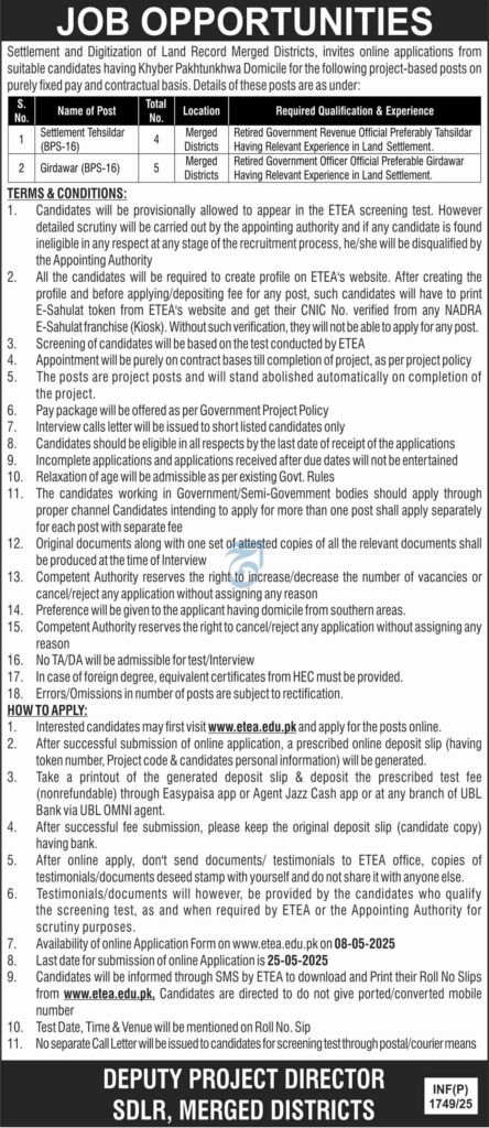Government Jobs in KPK – Settlement & Digitization of Land Record Project Online Apply