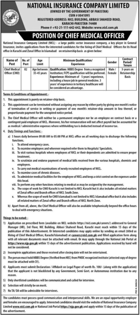 NICL Pakistan Jobs 2025 – Chief Medical Officer Positions Available