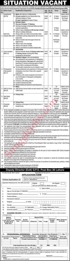 Federal Department Organization Lahore Jobs 2025 – Online Apply Now