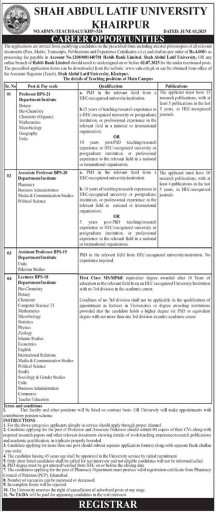 Exciting Jobs Opportunities at Shah Abdul Latif University, Khairpur