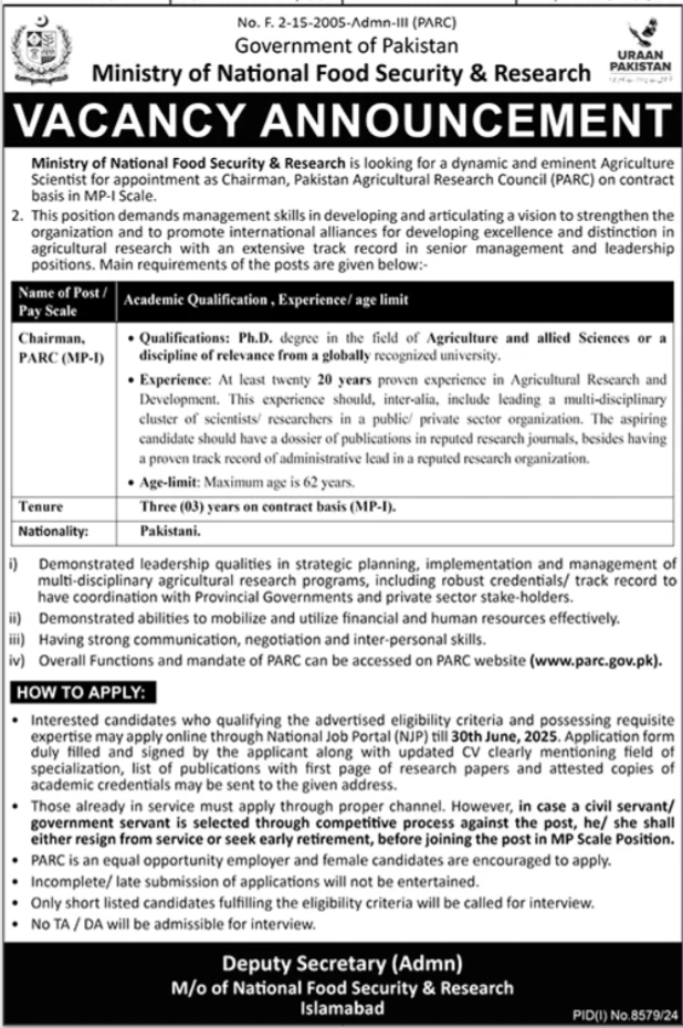 Ministry of National Food Security & Research Jobs 2025 Apply Online for Chairman PARC Post