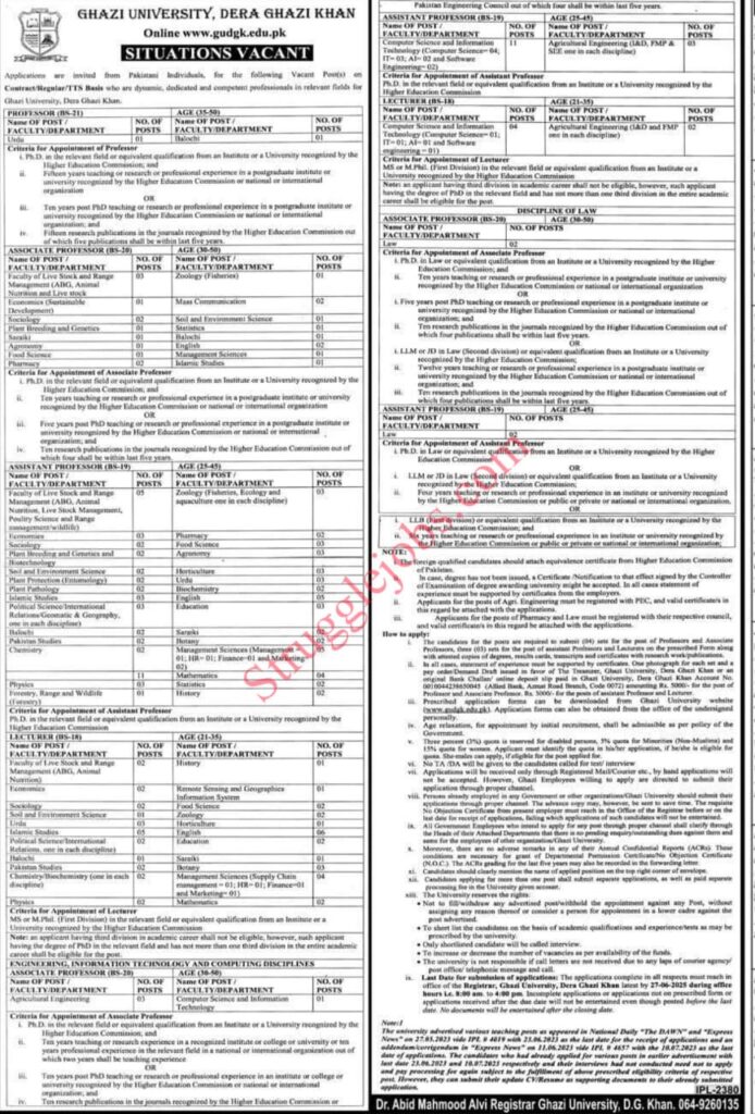 Jobs in Ghazi University Dera Ghazi Khan 2025 Multiple Teaching Vacancies Announced