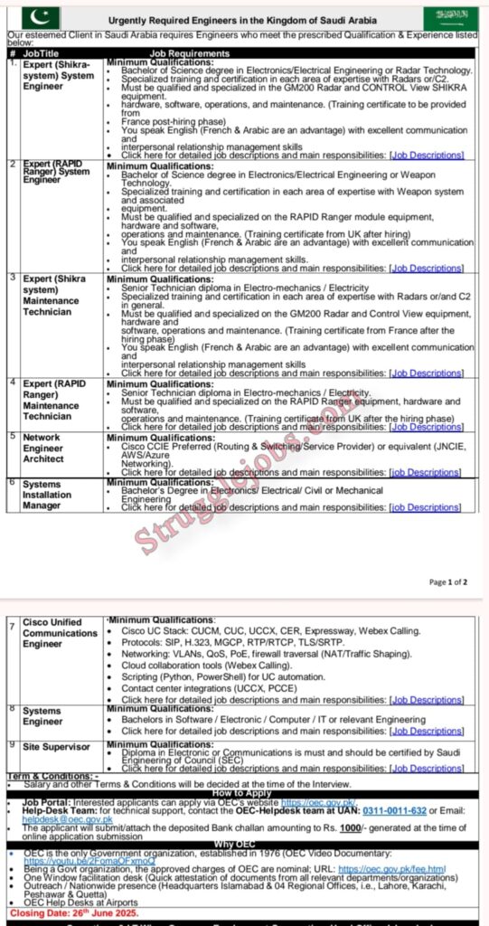 Ministry of Overseas Jobs for Saudi Arabia Engineering & Technical Positions