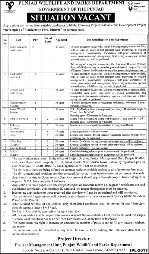 Punjab Wildlife and Parks Department Jobs in Murree 2025