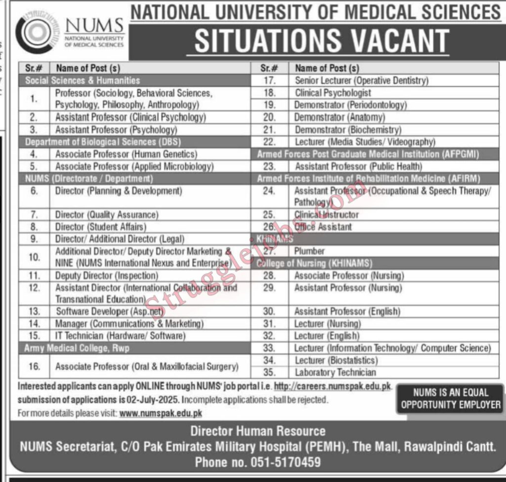 NUMS Jobs Opportunity in Rawalpindi – Apply Online