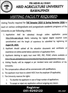 Jobs Opportunity in Arid Agriculture University Rawalpindi
