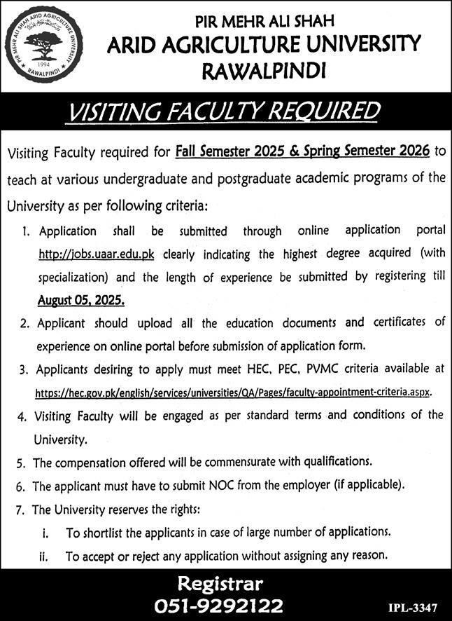 Jobs Opportunity in Arid Agriculture University Rawalpindi