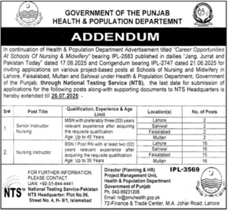 Health & Population Department Jobs in Lahore Apply for Instructor Positions