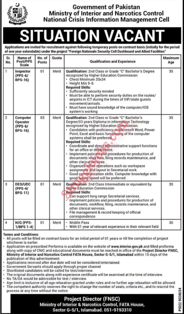 Inspector Jobs at Ministry of Interior & Narcotics Control