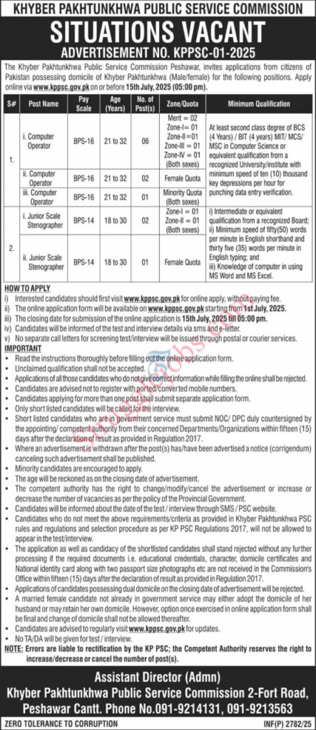 Computer Operator Jobs at KPK Public Service Commission