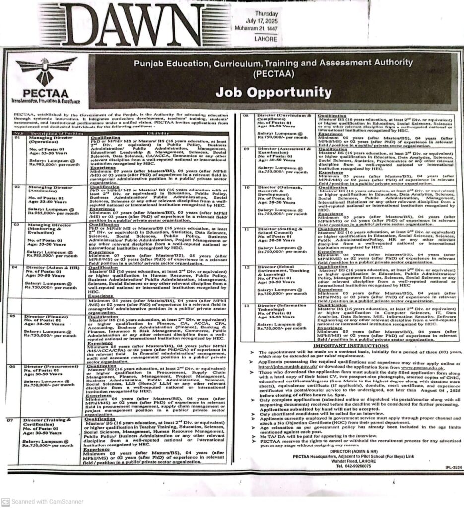 Apply for Director (Assessment & Examination) at PECTAA – High-Paying Govt Jobs in Lahore