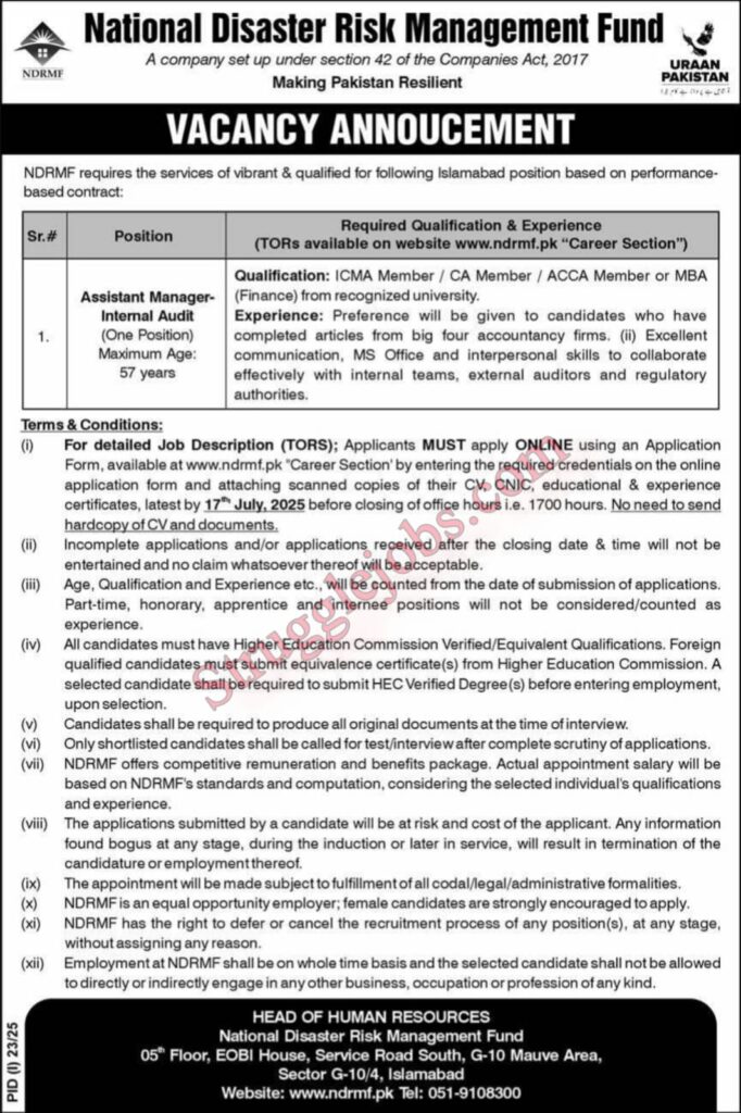NDRMF Jobs in Islamabad Apply for Assistant Manager Internal Audit