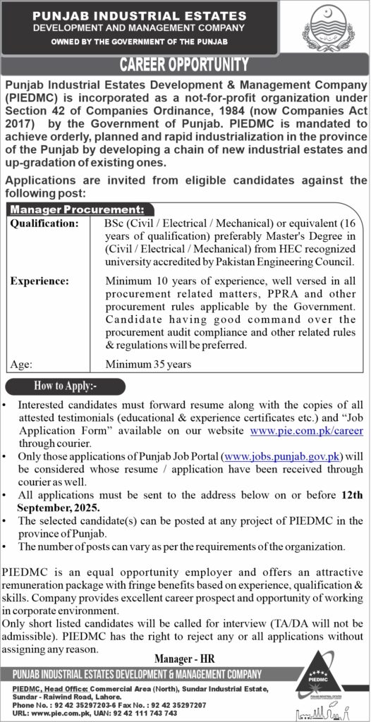 PIEDMC Jobs 2025 Apply for Manager Procurement at Punjab Industrial Estates
