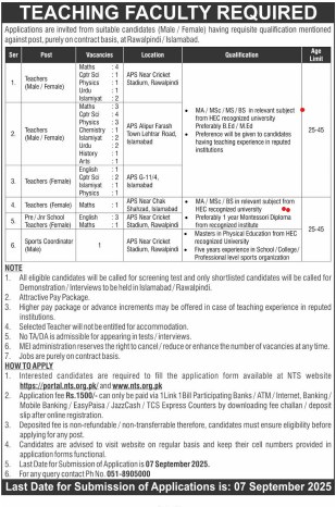 APS Rawalpindi & Islamabad Teaching Jobs 2025 Apply via NTS