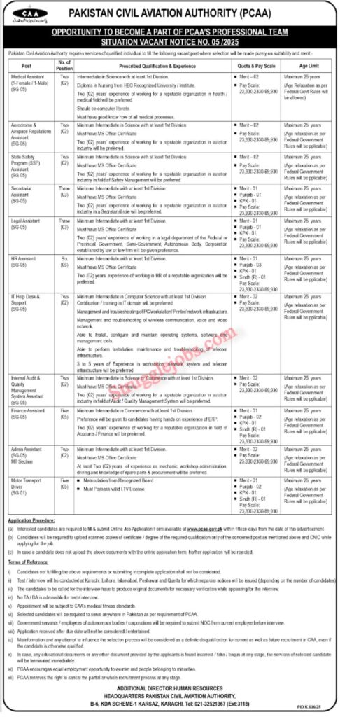 Jobs Opportunity in Pakistan Civil Aviation Authority (PCAA) August 2025 – Apply Online