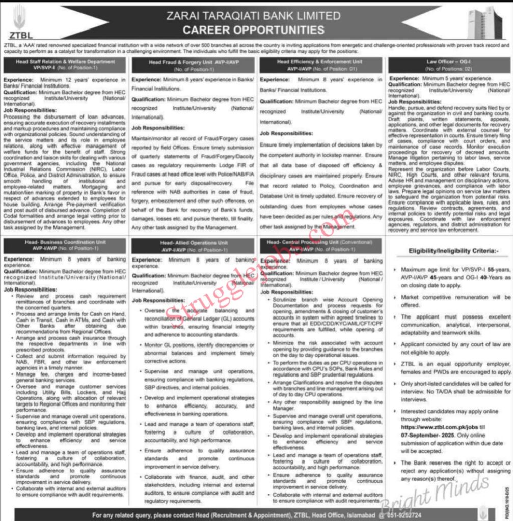 Jobs in ZTBL Bank 2025 August