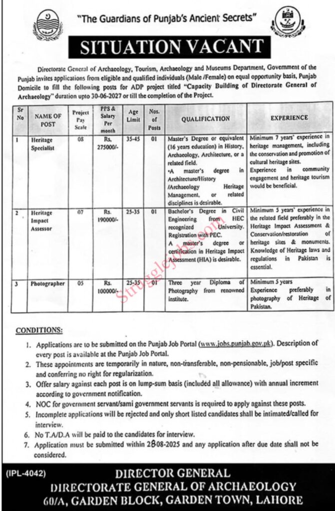 Government of Punjab Archaeology Jobs 2025 Heritage Specialist, Assessor & Photographer
