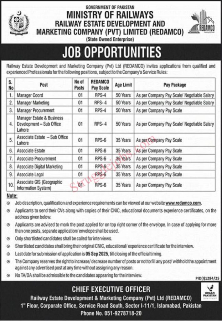 REDAMCO Latest Jobs 2025 – Ministry of Railways Careers Apply Now