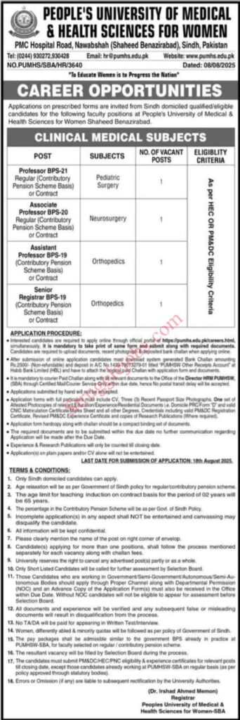 Apply Now PUMHS for Women Jobs 2025