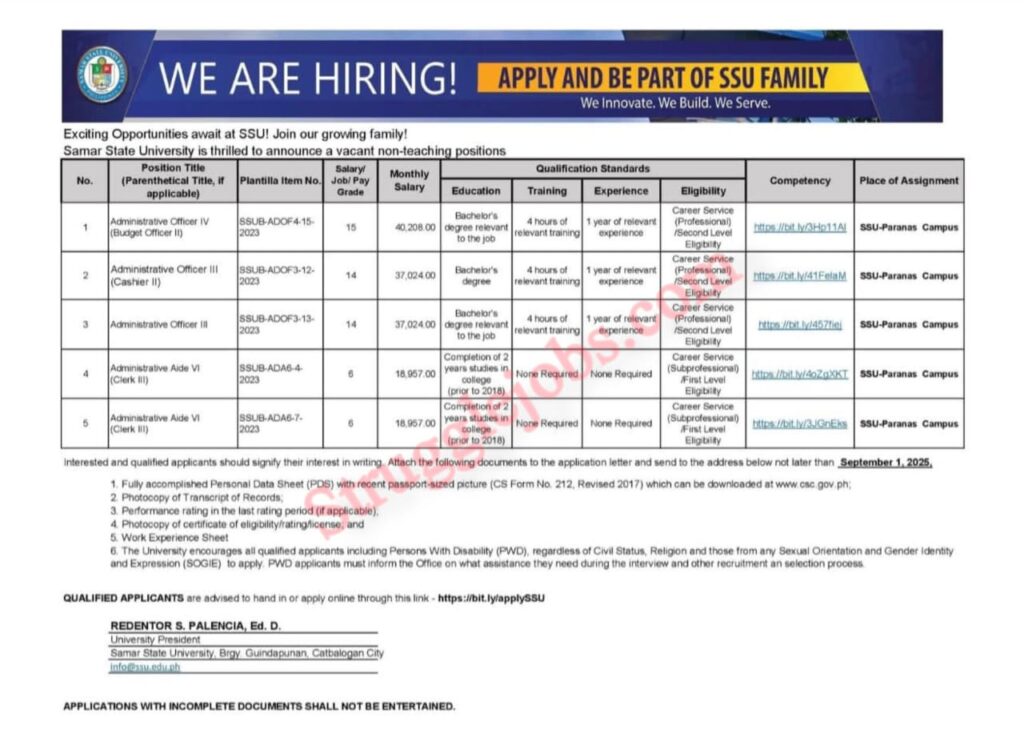 Samar State University (SSU) Non-Teaching Jobs Vacancies 2025 Apply Now