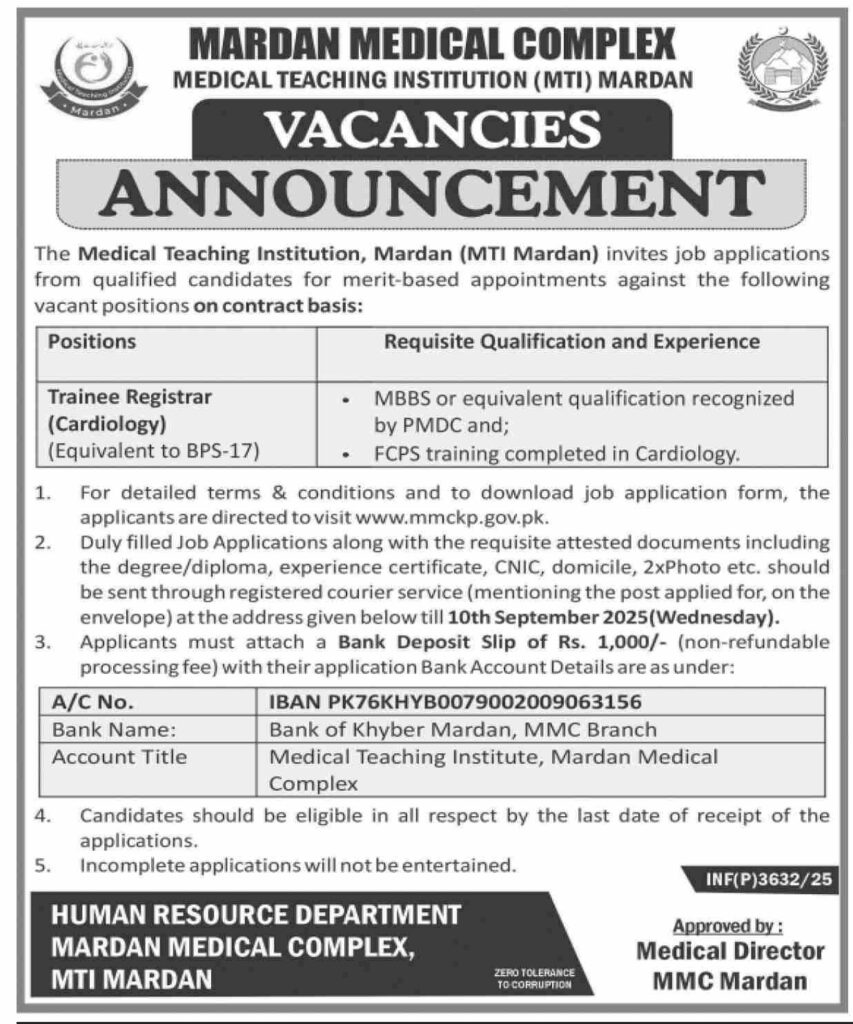 Jobs in Mardan Medical Complex MTI 2025 Apply for Trainee Registrar (Cardiology)