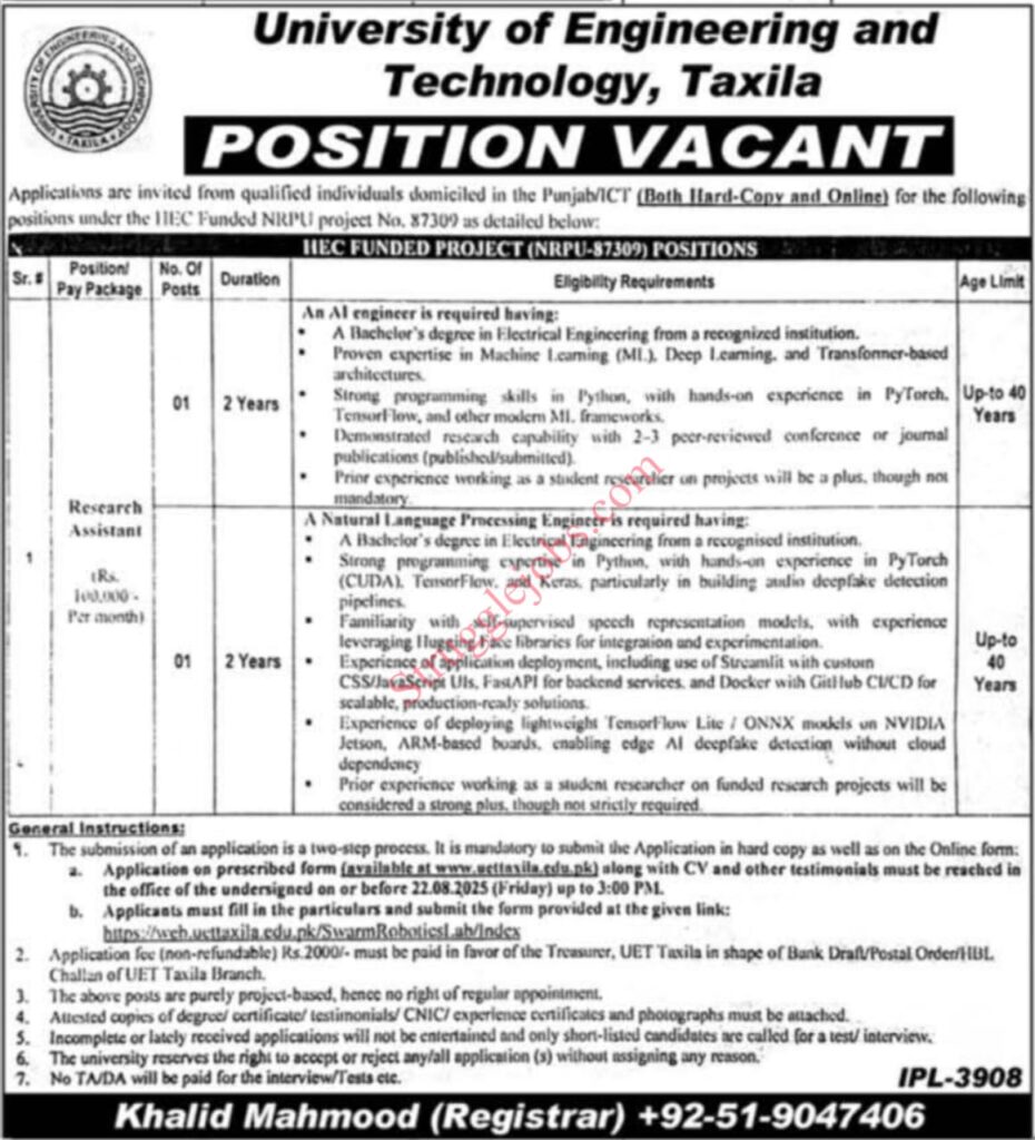 UET Taxila Jobs 2025 – Research Assistant Positions