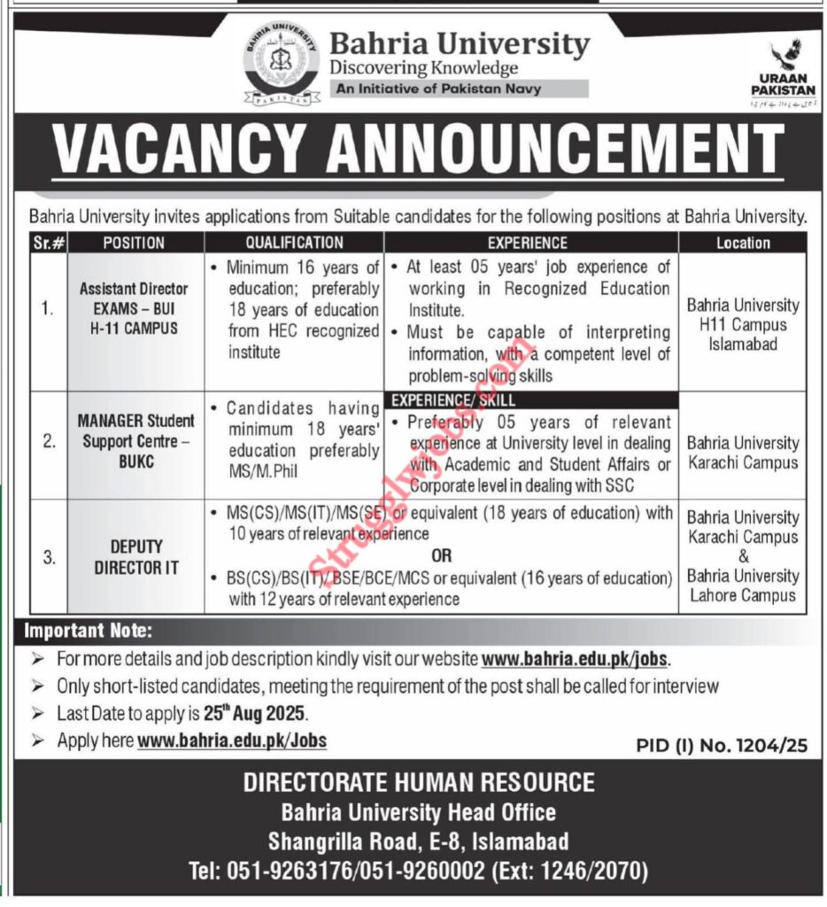 Jobs Opportunity at Bahria University 2025