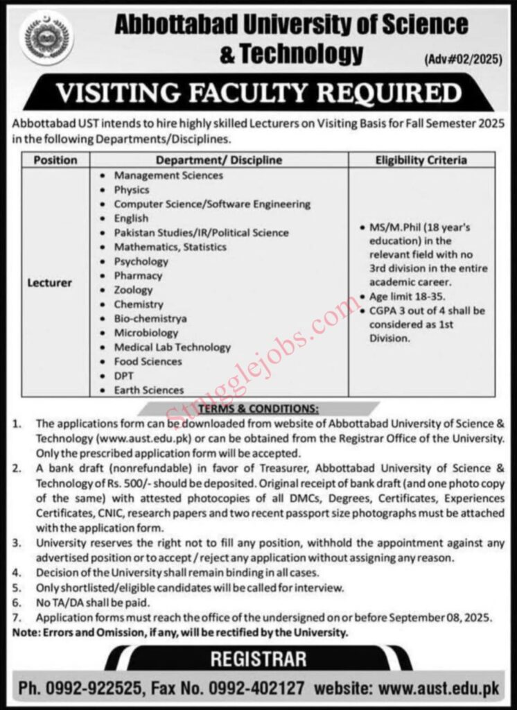 Abbottabad University of Science & Technology Visiting Faculty Jobs 2025 Apply Now