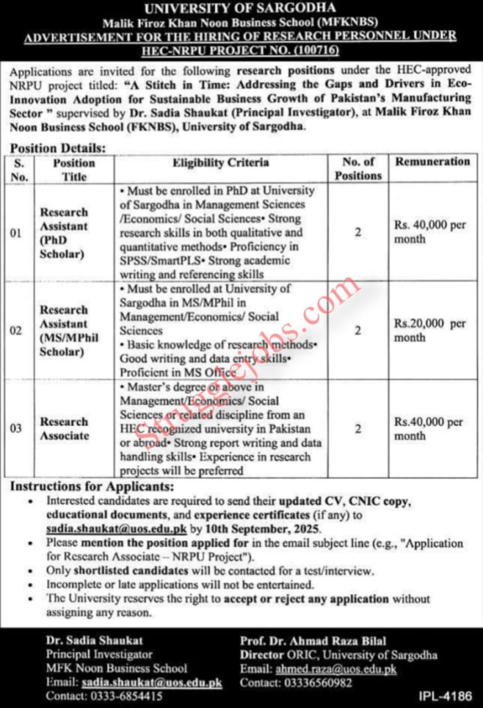 University of Sargodha hec nrpu Project Jobs 2025