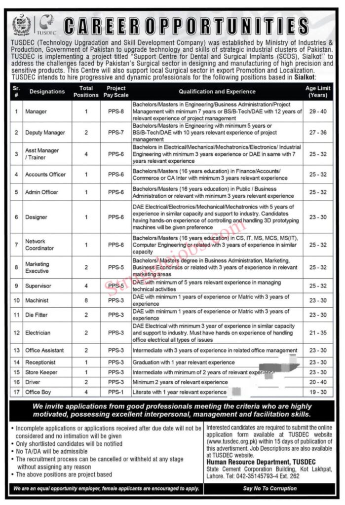 TUSDEC Jobs 2025 – Apply Online for Latest Career Opportunities in Sialkot, Lahore & Karachi