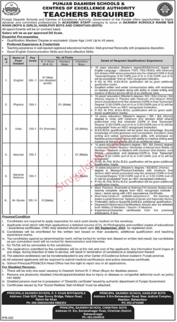 Teaching Jobs in Punjab Daanish Schools 2025 Rahim Yar Khan, Hasilpur to Chishtian