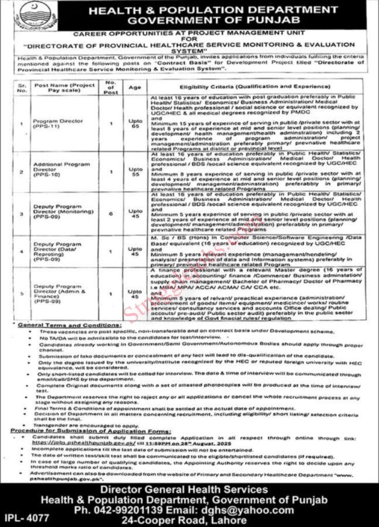 Jobs in Health & Population Department Punjab
